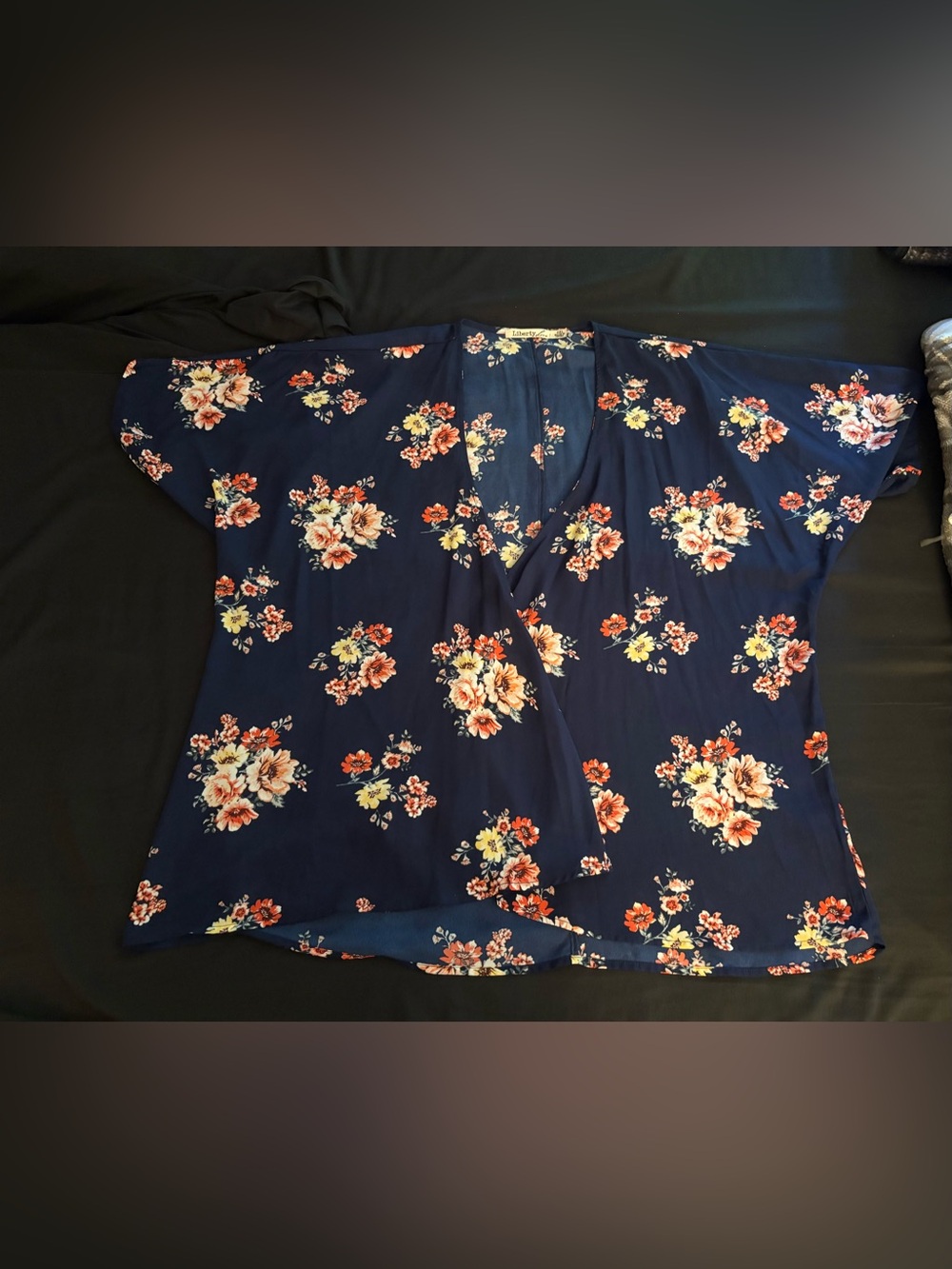 Women’s Liberty Love Navy Floral kimono top with Coral & Cream Blossoms in 2XL